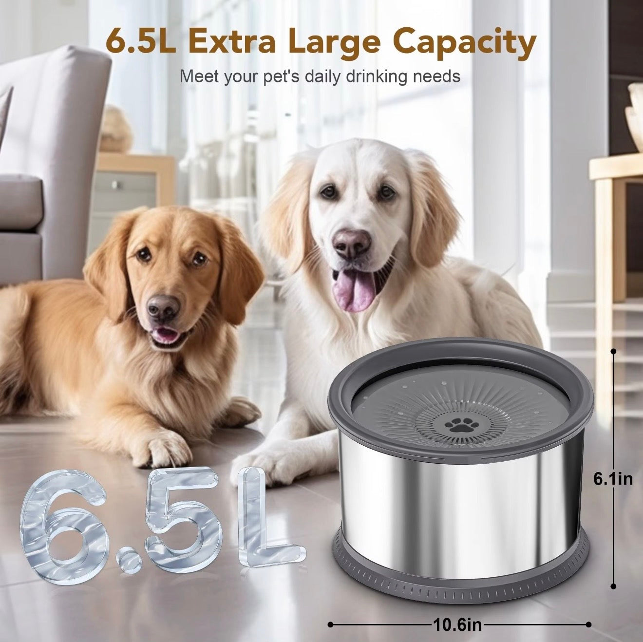 No Spill Slow Drinking Dog Water Bowl 6.5L Large Capacity Stainless Steel Water Bowl with Anti Slip Mat for Large Dogs