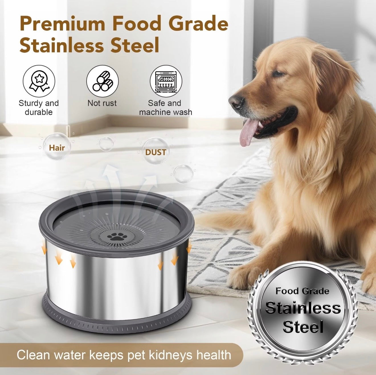 No Spill Slow Drinking Dog Water Bowl 6.5L Large Capacity Stainless Steel Water Bowl with Anti Slip Mat for Large Dogs