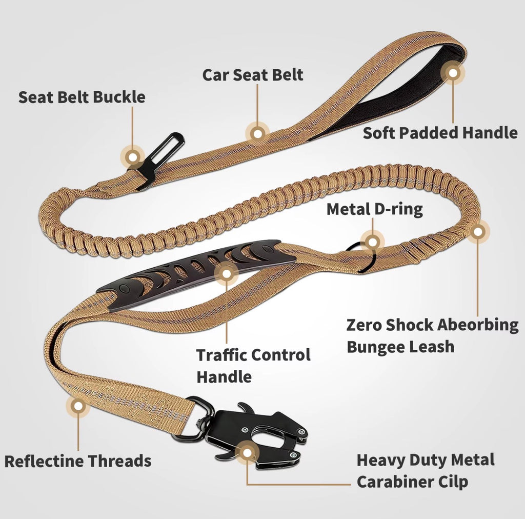 2-in-1 Bungee Dog Leash & Car Seat
Belt Zero Shock Absorbing Pet Leash with Reflective Threads for Travel & Walking