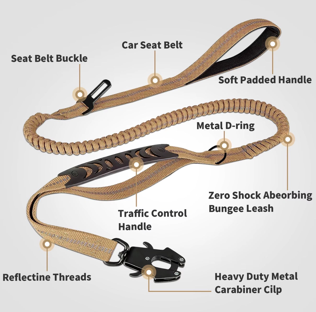 2-in-1 Bungee Dog Leash & Car Seat
Belt Zero Shock Absorbing Pet Leash with Reflective Threads for Travel & Walking